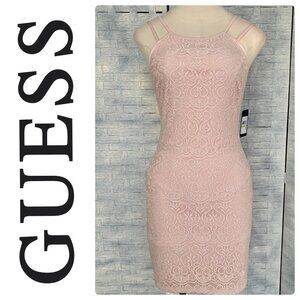 Guess Lace Mini Dress Spaghetti Strap Zipper‎ Eye Hook Closure Blush sz 4